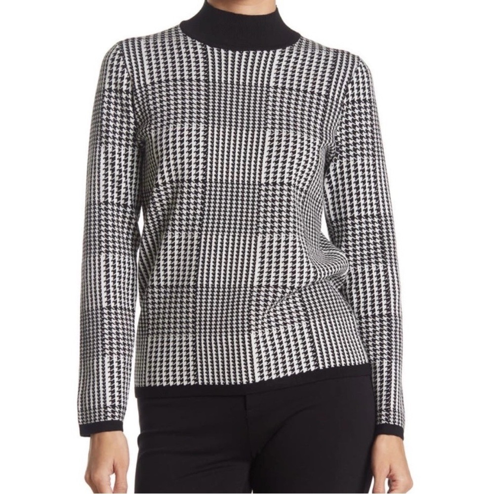 T Tahari Houndstooth Mock Neck Sweater Womens Medium Black White Long Sleeve